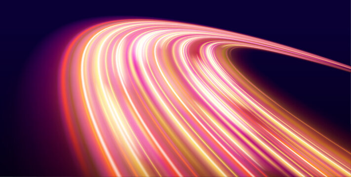 Rainbow glowing motion streak arcs dynamically, leaving radiant luminous paths with subtle spark highlights. High-speed effect. vector