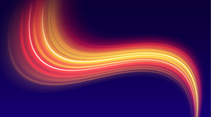 Rainbow speed trail twists elegantly, flowing dynamically with glowing luminous paths and scattered spark particles. vector © Romstock