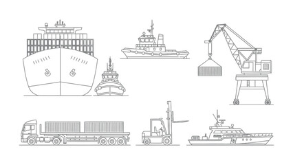 Fototapeta premium Shipping Logistics: Detailed illustration of the essential elements involved in the movement of goods, from cargo ships to handling equipment.
