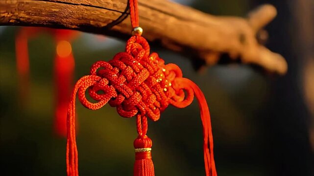 Observe a vibrant red Chinese knot, adorned with intricate patterns and a delicate tassel, gently swaying from a weathered tree branch against a soft, blurred background.