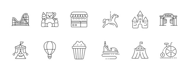 Amusement park set icon. Collection with roller coaster, teddy bear, ticket booth, carousel horse, castle, park gate, circus tent, hot air balloon, popcorn, bumper car, big top tent, unicycle. © Кирилл Макаров