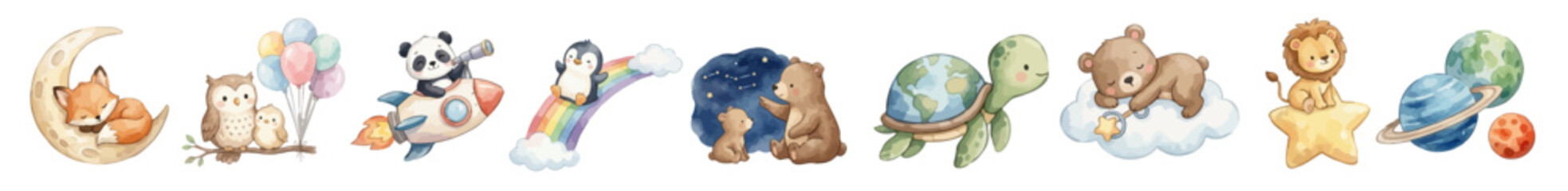 Watercolor space nursery clipart set with cute animals, planets, rocket, sun and rainbow. Collection of Vector illustrations. Perfect for invitation, card, poster, banner, decoration © maria