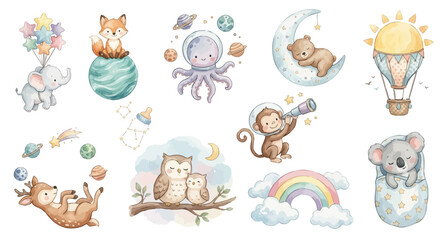 Cute watercolor space nursery set with fox, elephant, bear, koala soft stars. Collection of Vector illustrations. Perfect for invitation, card, poster, banner, decoration © maria