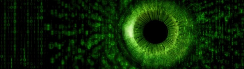 A close-up of a cybernetic eye reflecting green binary code, symbolizing advanced technology, artificial intelligence, and digital innovation in a futuristic context, Renewable energy with AI