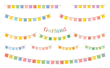 Colorful square flag bunting set with multiple lengths and pattern variations