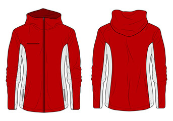 Red and White Sporty Hooded Jacket Design Template Front and Back View © Ancala