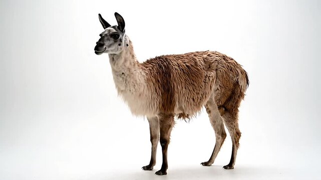 A llama stands gracefully, captivating with its serene presence. The llama has a light brown coat, and a long neck with a captivating expression