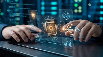 Hands interacting with a futuristic holographic interface displaying technological icons and a central processor chip transparent background