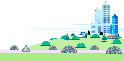 Flat illustration of a person riding a bicycle on a park path with city skyscrapers background