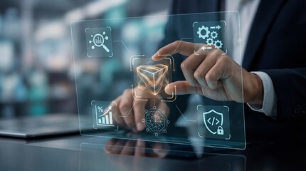 Businessman interacting with a futuristic holographic interface displaying digital data and analysis concepts transparent background