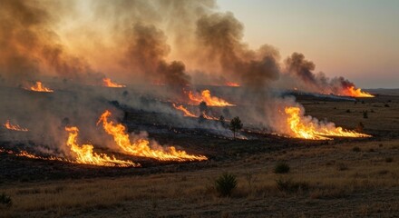 Burning field at dusk