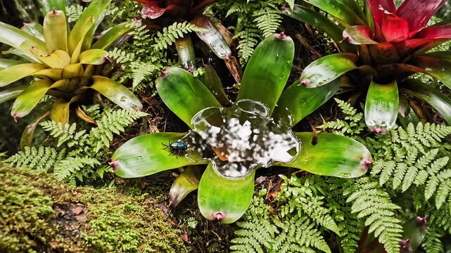 Vibrant bromeliads thriving on mossy log in lush tropical rainforest
