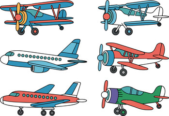 Vector Illustration Collection of Colorful Airplanes, Including Vintage Biplanes, Propeller Planes, Private Jets, and Small Aircraft on White Background © RX_Creative