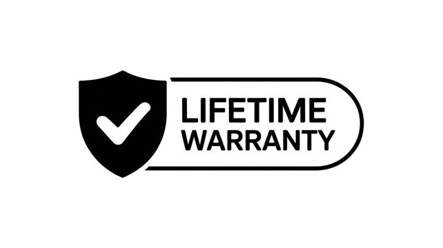 Black and white lifetime warranty badge with shield icon and checkmark isolated on transparent background png