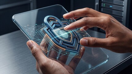 Futuristic digital security concept with fingerprint scan on transparent device screen transparent background
