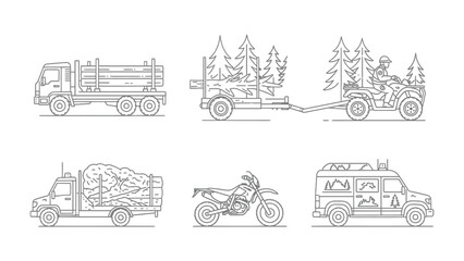 Vehicles and the Wilderness: A collection of meticulously outlined vehicles stands ready to explore the great outdoors. Each vehicle, designed for adventure, promises a journey into the wild. © Abu