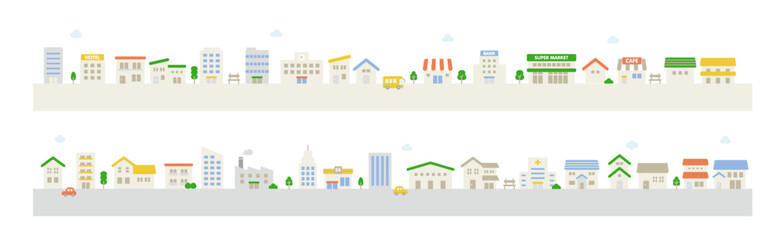 Cute flat town icon set with houses and buildings arranged in two rows on simple ground