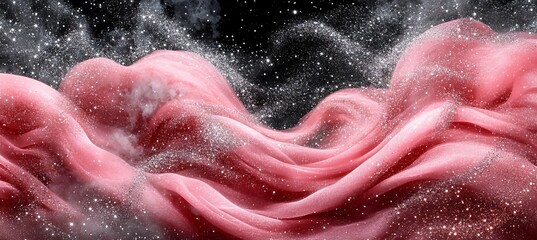 Fototapeta premium Abstract Pink Clouds and Silver Particles Flowing on Dark Background, Captivating Elegance