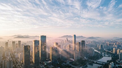 Fototapeta premium Modern city skyscrapers rising through morning fog and shining sunbeams. Distant mountains under a pastel sunrise sky.