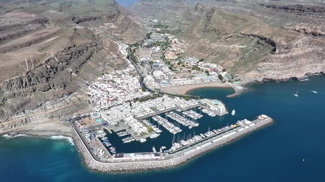 Aerial view of Puerto de Mogan and Playa de Mogan, Gran Canaria, Canary Islands, Spain