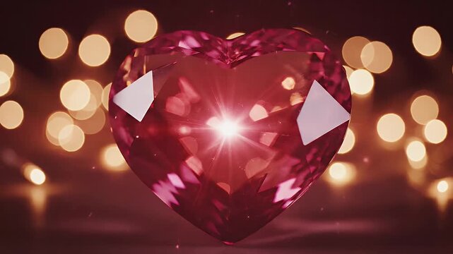 This video showcases a faceted crystal heart with a red glow, reflecting light and creating a mesmerizing effect. Soft bokeh lights in the background enhance the warm and romantic atmosphere.