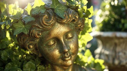 Fototapeta premium Ornate Bronze Garden Statue of a Serene Face Adorned with Green Ivy Leaves