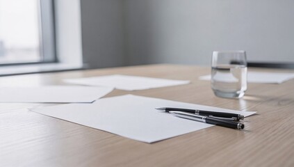 Minimal Meeting Table with Blank Papers, Pens, and Glass of Water, Copy Space