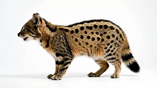 A close-up view of an Oncifelis guigna, standing against a neutral background. The feline showcases its distinctive coat pattern and attentive pose.