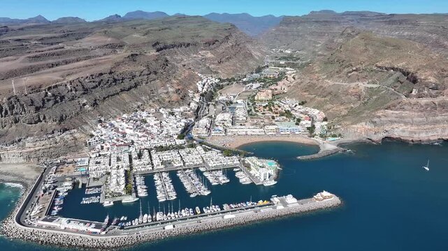 Aerial view of Puerto de Mogan and Playa de Mogan, Gran Canaria, Canary Islands, Spain