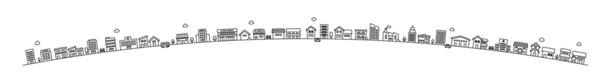 Monotone town illustration in semi circular layout with houses on a hill