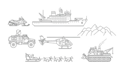 Arctic Expedition Fleet: A comprehensive illustration showcases a fleet of vehicles and transport vessels prepared for an arctic expedition. © Murshida