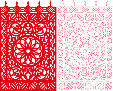Decorative Paper Cut Ornate Circular Mandala Bloom Panel with Floral Lattice Border and Gothic Spire Crown Top, Laser Cut Symmetrical Round Rosette Screen Frame Design
