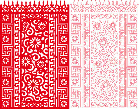 Decorative Paper Cut Floral Scroll Daisy Panel with Greek Key Meander Border and Saw Tooth Top Edge, Laser Cut Ornamental Botanical Fretwork Repeat Screen Frame Design