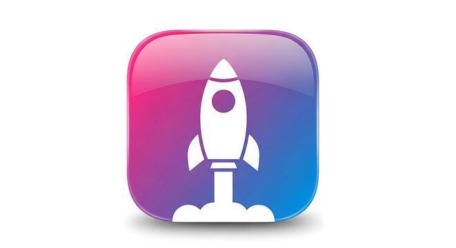 White rocket icon against a vibrant blue and red gradient background