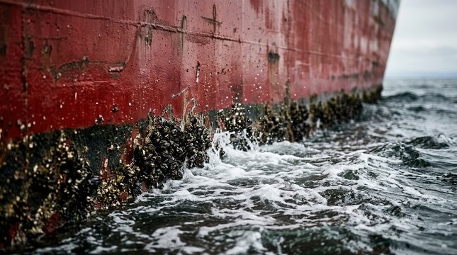 Red weathered ship hull with dense barnacles and mussels attached. Turbulent waves crash against the side, creating foamy white sea spray.