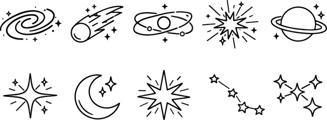 Collection of hand-drawn celestial icons including galaxy, comet, planet, and stars © Vitechek