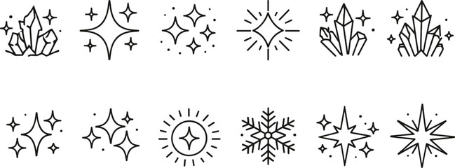 Collection of sparkling starbursts, crystals, and snowflake icons in a clean line art style