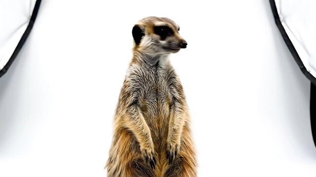 An alert meerkat standing upright, appearing vigilant and observant. Its attentive gaze conveys a sense of watchfulness and alertness