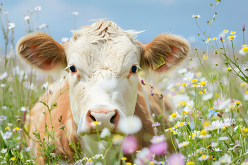 Blonde Cow in Wildflower Meadow Portrait