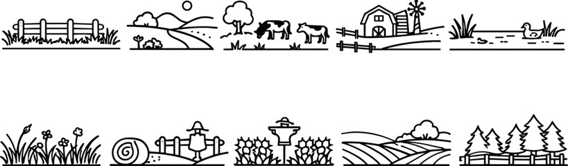 Collection of simple line art farm and rural landscape icons with various elements © Vitechek