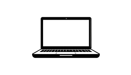 Minimalist icon of a laptop computer, front view, black silhouette, white background
