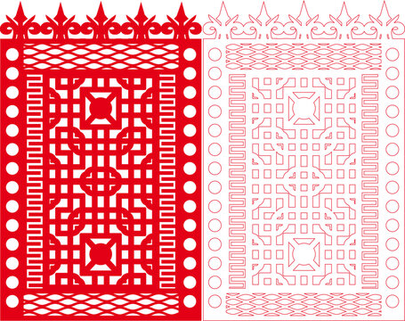 Decorative Paper Cut Geometric Maze Fretwork Panel with Circle Dot Border and Crown Flame Top, Laser Cut Ornamental Interlocking Square Grid Screen Frame Design