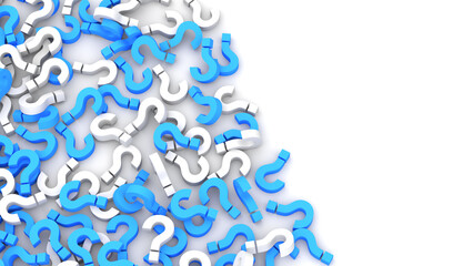 Fototapeta premium Blue and white question marks background with empty copy space on right side, FAQ Concept. 3D Rendering