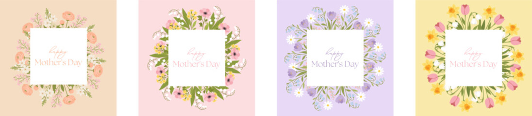 Set of floral square frames in soft pastel tones. Perfect for Easter invitations, Mother’s Day cards, spring greetings, social media posts and printable stationery © thebeststocker