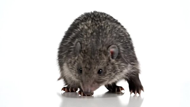 A Northern Quoll looking down. Captured in front of a white background. 
