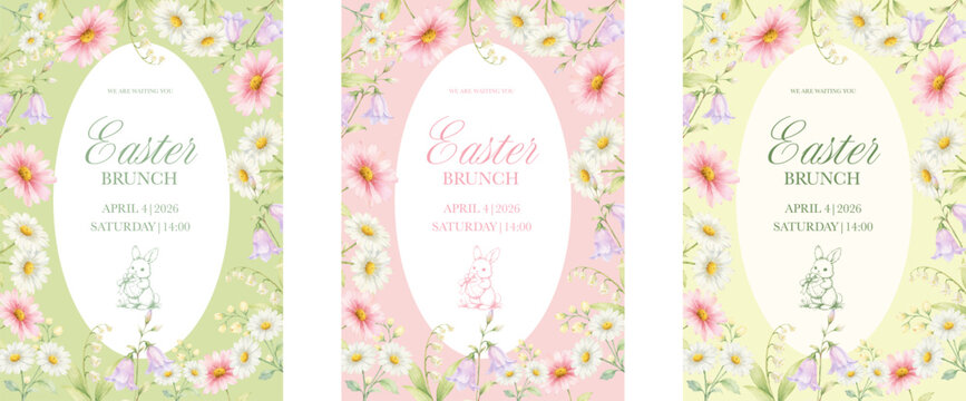 Elegant Easter brunch invitation set with soft watercolor flowers and pastel backgrounds. Perfect for holiday cards, spring event invites and printable decor