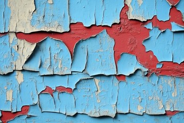 A Weathered Charm of Old Painted Planks Vivid Reds and Azure Overload on Dilapidated Surface