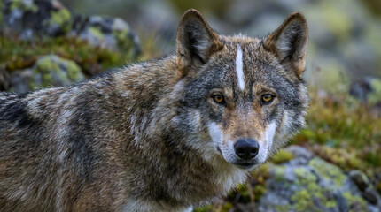 Fototapeta premium Iberian wolf close up portrait in its rocky mountain habitat for wildlife conservation and nature documentary film usage