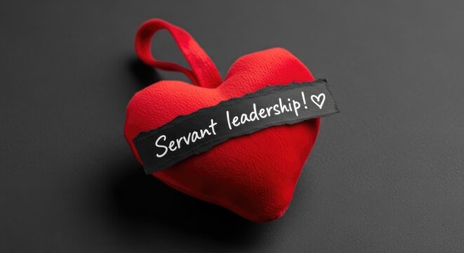 Red fabric heart ornament with servant leadership ribbon label, dark minimalist backdrop, servant leadership concept