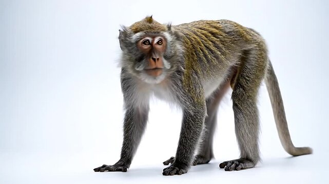 A Macaque monkey standing on the ground, gazing toward the viewer, with a long tail